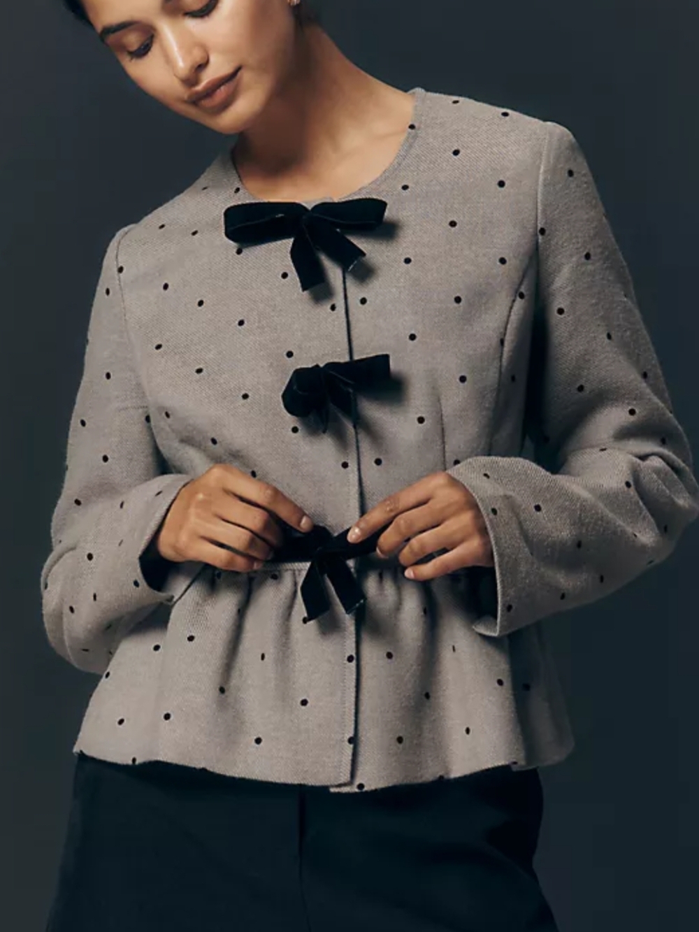 NWT Gray Polka Dot Bow-Front Jacket, L